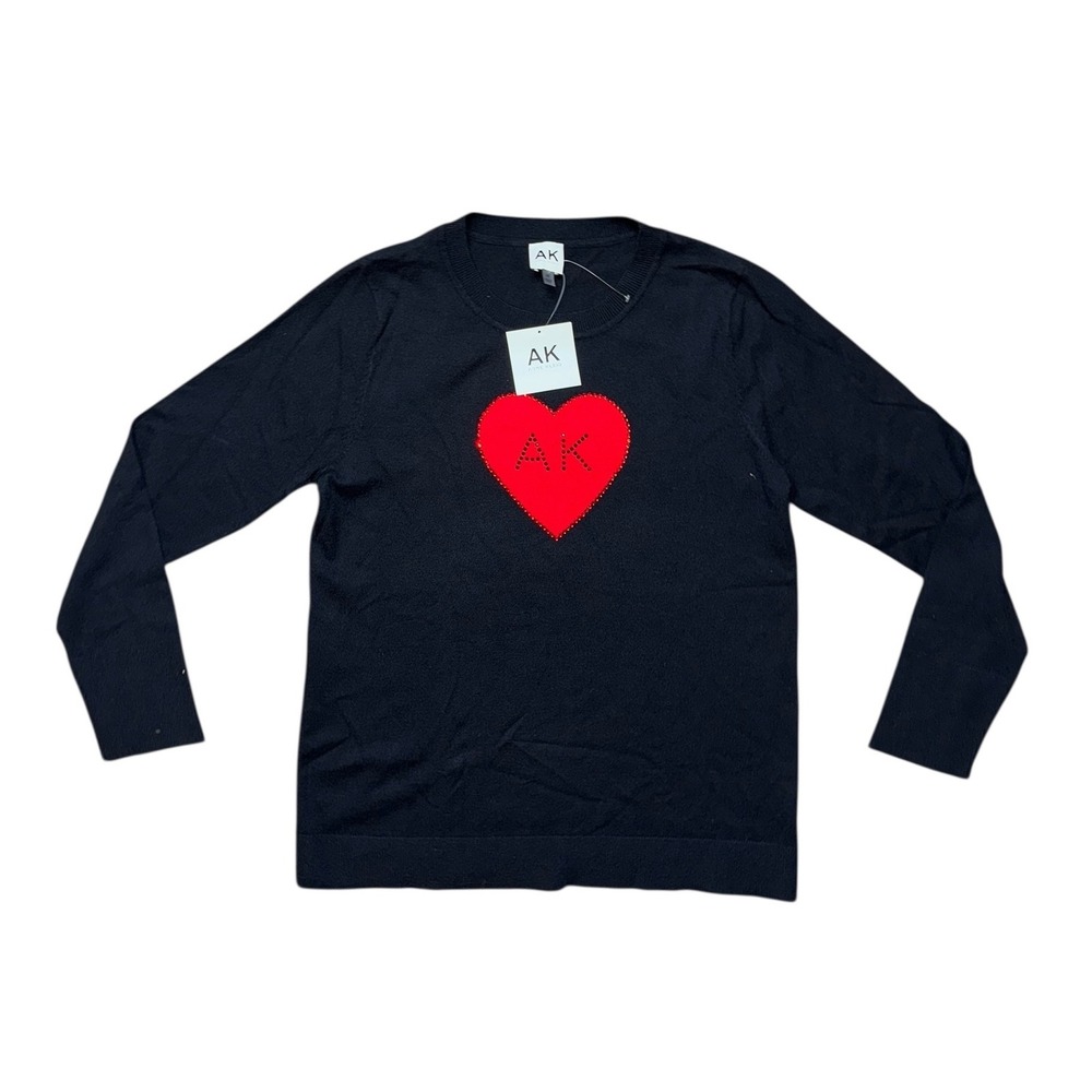 Anne Klein Black‎ Long Sleeve Sweater Red Heart Embellished Crew Neck M
